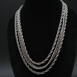 TAN Signed Necklace Silver Tone Layered Chain Flower Clasp Vintage Jewelry